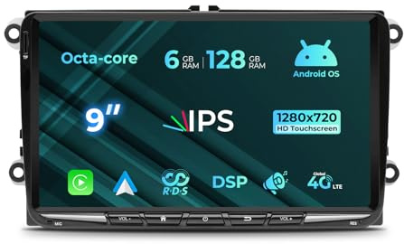 [Upgrade 6+128GB] Autoradio für VW Golf Passat Touran Seat Skoda, 9 Zoll Touchscreen Radio mit Wireless Carplay/Android Auto Bluetooth 5.0 WiFi 4G GPS Navi DSP FM RDS SWC DAB+ TPMS OBD