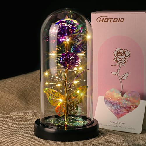 HOTOIQ Rose Flowers Birthday Gifts for Women, Flowers Gift for Girlfriend, Eternal Flowers in Glass Dome, Unique Artificial Rose Flower Gifts for Wife, Mum, Grandma, Friends, for Wedding, Anniversary