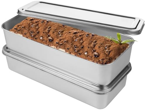 2 Pack Loaf Baking Pans with Lids, Stainless Steel Bread Pans Cake Molds, Non-Stick Rectangle Bakeware Trays, Large Bread Tins for Tiramisu, Dishwasher Safe, 13.4 × 6.1 × 2.5 in
