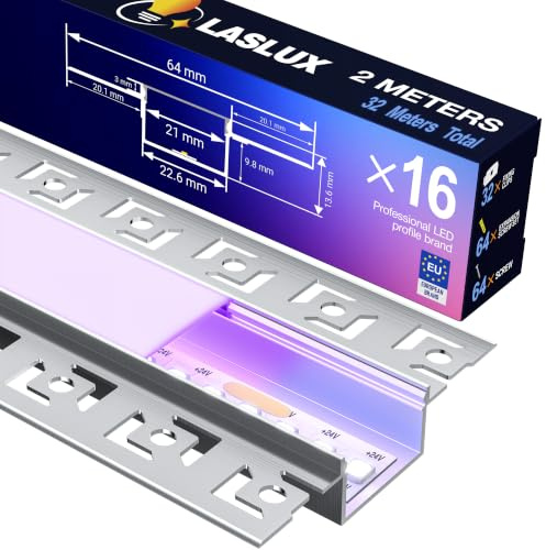 LASLUX LED Trockenbauprofil 2m × 16 – LED Unterputzprofil Aluminium 64×13,6mm – 20mm Innenmaß für Gipskarton