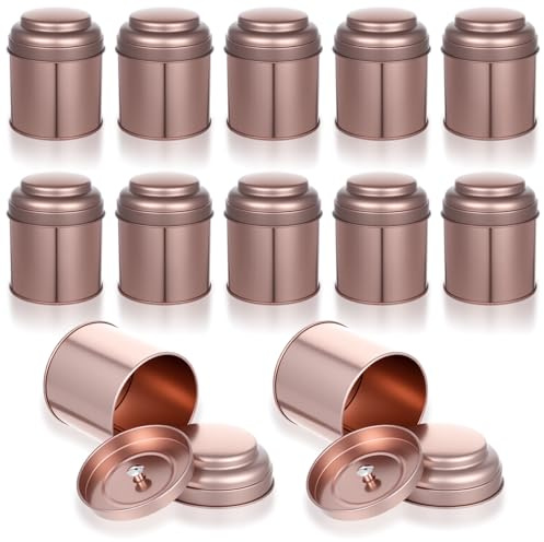 12 Pack Tea Tins Canister With Airtight Double Lids, 8 fl oz Round Mini Tea Storage Containers For Loose Leaf, Coffee, Spices and Sugar, Rose Gold
