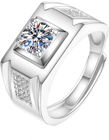 Mesnt Ring Weißgold Diamant, 18 Karat Weißgold Ring für Herren Siegelring mit im Labor hergestelltem Diamanten, Größe 67 (21.3)