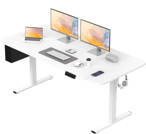 ZZINOKE Bureau Électrique Réglable en Hauteur, 160 x 80cm, Bureau Assis Debout avec Mémoire Contrôle et Port USB, Bureau Ergonomique, Panneau Intelligent, avec Crochet et Sac de Rangement, Blanc