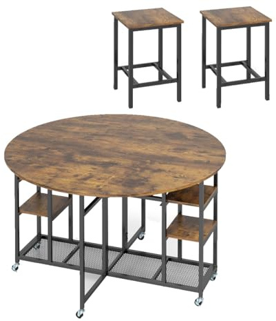 GIANTEX Essgruppe, Klappbarer Esstisch mit 2 Hockern Set, Rollen, Weinregal | Küchentisch mit offenen Ablagen, Esszimmer Set Industrial aus Metall & Holz, Sitzgruppe Küche, Vintage Esszimmergruppe