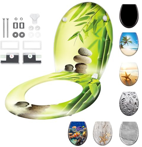 SAILUN Toilet Seat with Soft Close Feature, Quick Release for Easy Clean, O Shape Universal Size with Adjustable Hinges, Toilet Lid Hard Plastic Antibacterial, Green Bamboo