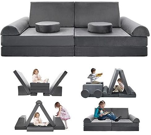 SUNYRISY Spielsofa für Kinder, Schaumstoff Soft Bausteine Funzy 10-Teiliges Kindersofa Ausklappbar für Kinderzimmer Kuschelecke, Wandelbares Modulares Mini Sofa Softbausteine