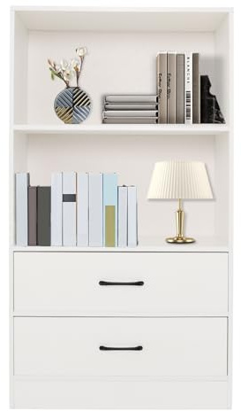 YUYUZI Estantería de 4 niveles y 2 cajones – Estantería de pie estrecha de MDF resistente en color blanco, ahorra espacio para salón, oficina en casa y habitación infantil