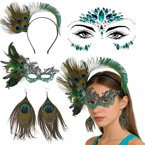 Shinybox Pfauen Kostüm Damen, 4 Stück Pfauenfedern Spitzen Maske, Pfau Haarschmuck, Glitzersteine Gesicht und Ohrringe, Pfau Festival Accessoires Rave Outfit Feder Fascinator Halloween Cosplay