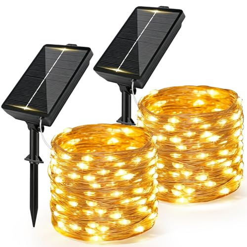 Solar Lichterkette Outdoor, 2x12M 120LED Lichterkette 1200mAh Solarpanel | Lichterkette Außen Solar Wetterfest mit 8 Modi Kupferdraht Lichterkette für Garten Balkon Hochzeit Party, Warmweiß
