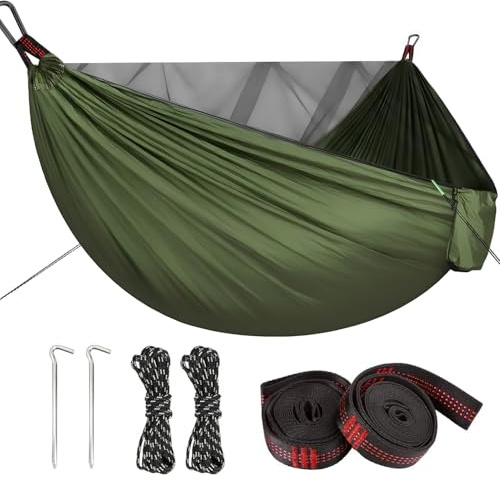 Ultraleichte Hängematte Outdoor mit Moskitonetz, Tragbare 210T Nylon Reisehängematte, Camping Hängematte mit Befestigungs-Set, für Rucksackreisen, Wandern, Abenteuer, 290×140cm