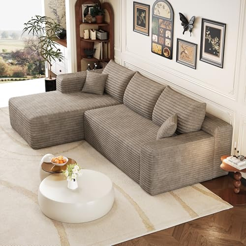 Kuczn Modulares 3-Sitzer Ecksofa aus weichem Cordstoff, Boneless Couch und komprimierbares Schlafsofa, Sofa mit Schlaffunktion, tiefes Eckdesign, Ohne Montage, Für Wohnzimmer und Schlafzimmer, Kamel