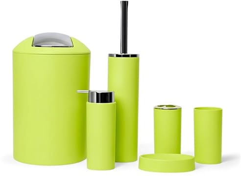 6tlg Badset Badezimmer Zubehör Set Organizer: Seifenspender, Zahnputzbecher, Kosmetikeimer, WC Bürste und Halter, Seifenschale, Mülleimer, Zahnbürstenhalter, Badgarnitur (Grün Design 2a)