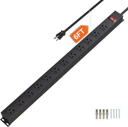 CFMASTER 12 Outlet Long Power Strip with 15A Circuit Breaker,Black Wall Mount Heavy Duty Power Strip with 6FT/14AWG/15A/125V Extension Cord for Industrial,Garge,Office,Home and School,Black(6FT)
