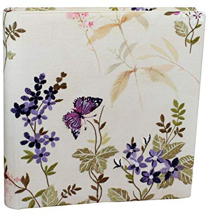 Handarbeit der Buchbinderei Vera Donna Fotoalbum Milla groß im Stoffeinband mit gestickten Blumen – Bunte Blumenstickereien auf bedrucktem Leinen