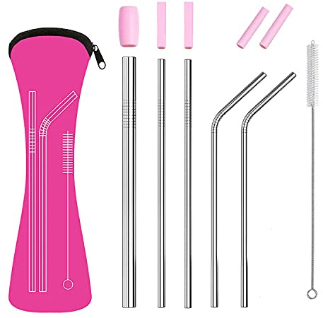 Reusable Metal Straws Set with Portable Case and Cleaning Brush, Kids Adults Food Grade Stainless Steel Drinking Straws with Silicone Tips Great for Smoothie and Hot Cold Drinks