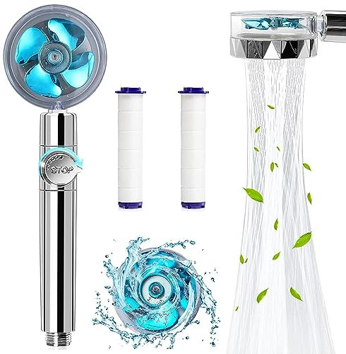 High Pressure Turbo Fan Drive Jet Shower Head - Water Saving with Stop Button and 2 Filter - 360 Degree Rotating