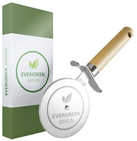 EVERGREEN BERLIN - Pizzaschneider - DAS ORIGINAL - Premium Pizzaschneider groß - Pizzaroller mit Pizzamesser aus Edelstahl ⌀ 9cm und Buchenholzgriff - Pizza Cutter mit Fingerschutz - Schneideroller