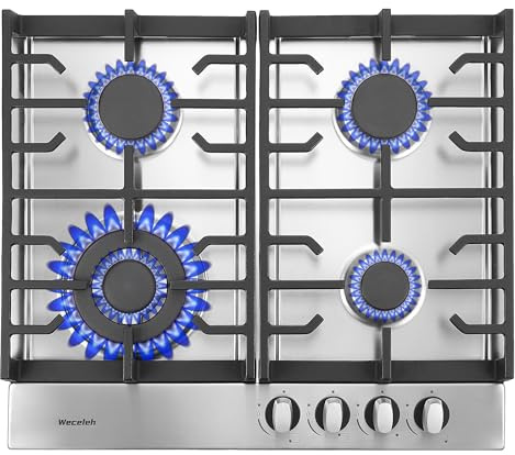 Weceleh Gas Cooktop 4 burner, 24 Inch Built in Gas Stove Top, Dual Fuel Propane Cooktops, NG/LPG Convertible, Stainless Steel High Power Gas Hob, Thermocouple Protection, Gas Range, Sliver