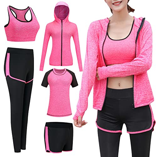 ODWTMRK Tuta sportiva da donna Set Sportswear 5 pezzi Costumi sportivi palestra yoga atletica fitness jogging tuta, rosso rosa, S