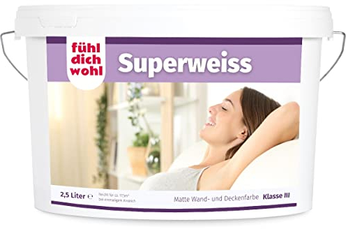 Fühl Dich Wohl Superweiss weiße Innenwandfarbe 2,5l, matt weiss Wand Farbe weiß hohe Deckkraft für Innen Ausbesserungsfarbe tropfarm dispersionsfarbe deckend 2,5 Liter