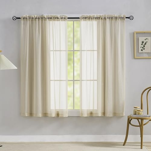 Home Brilliant Short Linen Look Sheer Curtains 114 CM Drop, Semi Transparent Window Net Curtains for Kitcken Super Soft Airy Voile Curtains for Bedroom, Set of 2, 54x45 Inch, Linen