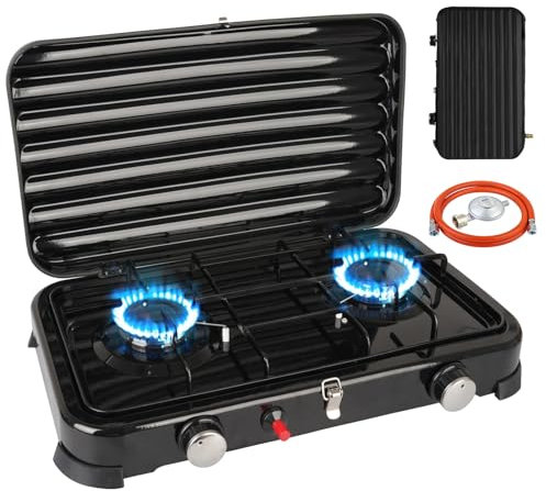 Fornello da campeggio a 2 fuochi con coperchio, 4,4 KW, fornello a gas GPL da campeggio con pulsante di accensione auto, tubo e regolatore di pressione del gas da 50 mbar, piano cottura a gas