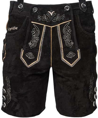 STEIGENHÖFER Lederhose Herren Tracht kurz - Anton - Trachtenhose mit Trägern - 100% Rindsleder - Traditionelle Echtlederhose - Ideal für Dein Oktoberfest Herren Outfit - Schwarz - 52
