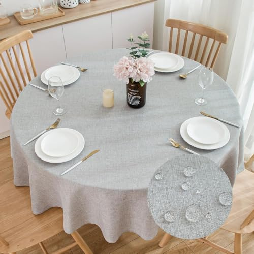Runde Tischdecke in Leinenoptik 200 cm, Wasserabweisend, Hellgrau | Schwerer Stoff, Maschinenwaschbar, Rustikale Leinenoptik, Wasserabweisendes Finish, 100% Polyester, Essen und Feiern