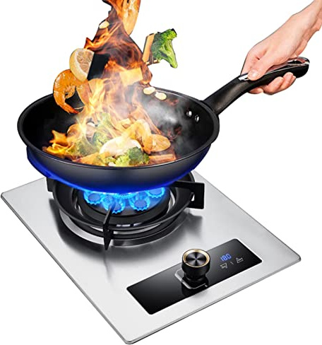 XLTFUC Fornello A Gas Portatile da Interno 32 Cm, Fiamma Alta Temporizzata, Portapentola in Ghisa in Vetro Temperato Argento, Fornello Indipendente da Campeggio All'aperto (Size : NG)