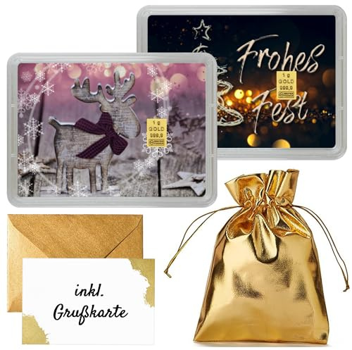 Geschenk zu Weihnachten - Goldbarren 1g – Geschenk Motivbox “Frohes Fest” - Tolle Geschenkidee - Feingold 999,9