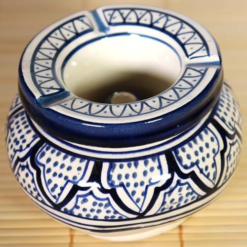 TK B&D Aschenbecher, marokkanisch, Kobaltblau, Motiv Arabesken, Berber, hergestellt und handbemalt, geruchsdichter Deckel