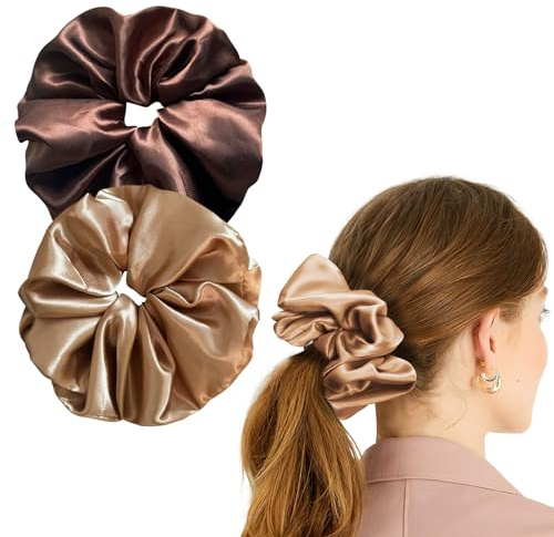 Annauiy 2 stycken hårsnoddar scrunchies satin för kvinnor, 8 cm extra stor bukett för kvinnor, flickor 2 färger – ljusa och mörka curryfärger (XL: 8 cm)