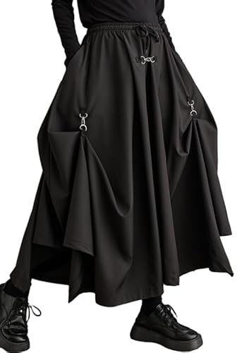 ellazhu Pantaloni da Donna Oversize Irregolari a Cavallo Basso Harem Hakama Plissettato con Coulisse GZ116 A, Nero, S/XL