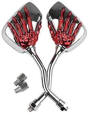 Motorrad Rückspiegel Paar, Rot, Verstellbarer Winkel | Totenkopf Motiv mit Skeletthand, Glas Kunststoff Eisen, für Chopper und Scooter