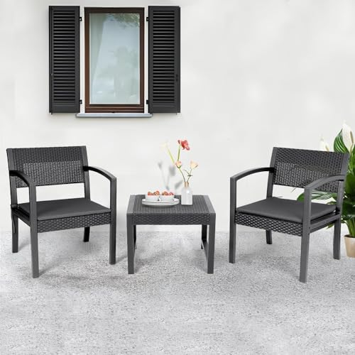Sekey Balkonmöbel, Gartenmöbel-Set, Tisch und 2 Stühle mit Sitzkissen, Sitzgruppe Lounge-Set, Balkonmöbel Kleiner Balkon, Terrassenmöbel für Terrasse, Balkon, Garten, Schwarz