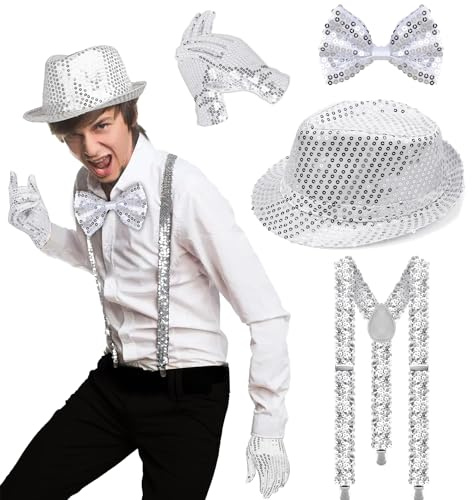 DONGSZQ 4 Stück Glitzer Kostüm Herre, Herren Pailletten Hosenträger Set, Mit Glitzer Hosenträger, Pailletten Fliege, Handschuhe, Silber Jazz Hut, Für Fasching Party Dance Performance