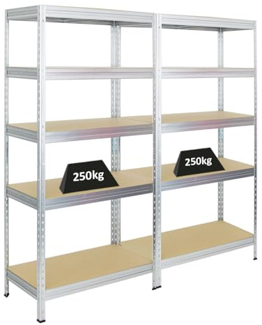 PROREGAL Mega Deal 2er-Set Schwerlastregal Rivet | HxBxT 180x90x45cm | Fachlast 250kg | Verzinkt | Innovatives Stecksystem, Verzinkt, Garagenregal, Lagerregal, Kellerregal