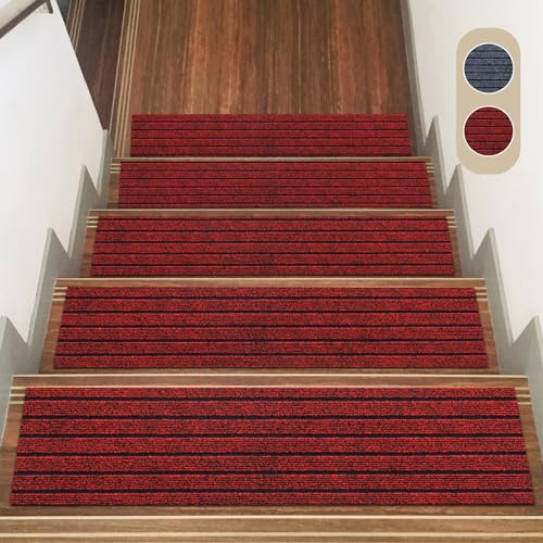 Sparklenut 15pcs Carpet Stair Treads, 22x70CM Anti Slip Stair Carpet Tiles, Stair Tread Pads, Self Adhesive Stair Carpets Treads, Stair Tread Mats, Stair Carpets Treads (Reddish black)