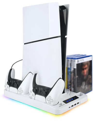 reiie PS5 Slim Cooling Stand with Dual Controller Charging Station, Multi-functional PS5 Slim Stand with RGB Light&Headphone Hook&2-Level Silent Fan for PS 5 Slim Digital/Disc