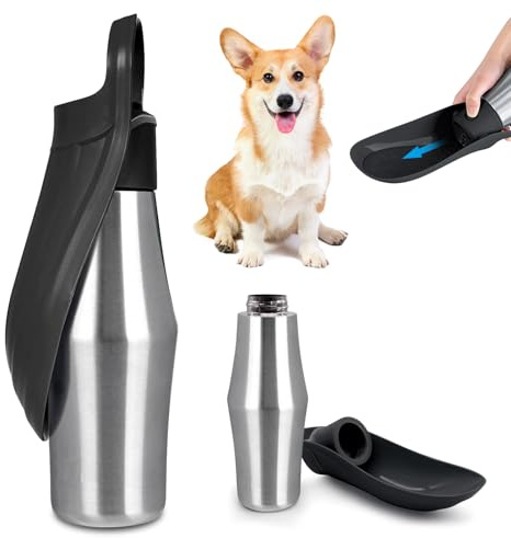 Hundetrinkflasche Für Hund, 750ml Trinkflasche Hunde, 180° Faltbar Hundetrinkflasche, Tragbare Edelstahl Haustier Wasserflasche Für Spaziergang Wandern Ausbildung (Schwarz)