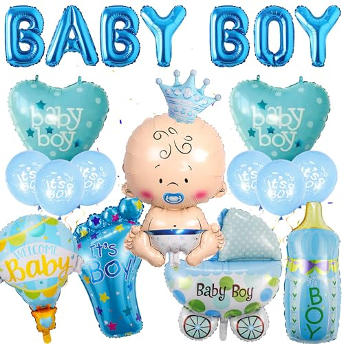 Babyparty Deko Junge Ballon Blau - 16 Stück Babyshowerparty Folienballon Its a Boy Welcome Baby Heißluftballonförmiger für Gender Reveal Neugeborene