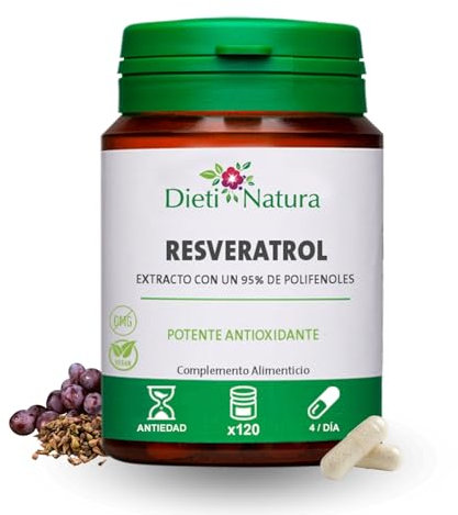 Dieti Natura Trans-Resveratrol Hochdosiert 120 Kapseln Pflanzlichen Ursprungs - Antioxidans und Anti-Aging-Resveratrol - Aus Roten Trauben Mit Natürlichen Polyphenolen Gewonnen - Verjüngendes Antioxid