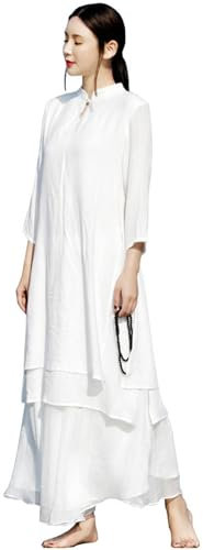 DAYKET Vêtements de Tai Chi pour Femmes, Uniforme de méditation Zen en Coton et Lin, Uniformes d'arts Martiaux de Kung Fu pour Dames, Exercice du Matin,White-L