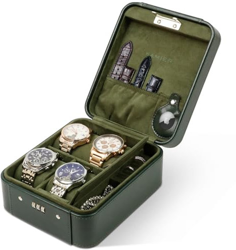 KAMIER Uhrenbox 4, Uhrenbox Herren und Damen, Mechanisches Zahlenschloss, Ringe und Uhrenkasten Herren Aufbewahrung Organizer, PU Leder Reise Watch Case, Weihnachtsgeschenke,(With Gift Box) Grün