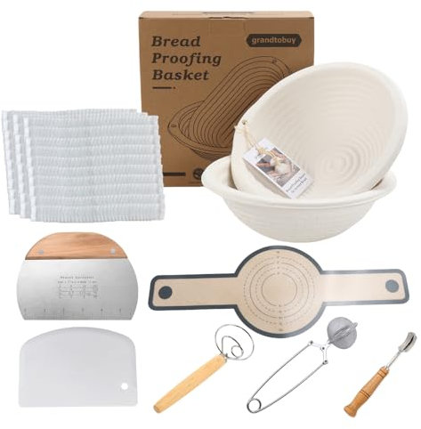 Pulp Bread Proofing Basket 2x 10 inch Round Sourdough Banneton Bortform Bread Baking Supply with Baking Mat Flour Sieve Dough Whisk Bowl Scraper 30pcs Disposable Non-Woven Liners