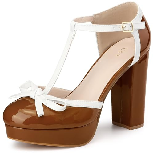 Perphy Women Patent Leather Bow T-Strap Platform Chunky Heels Pumps | ABS heel. Cute Mary Jane style. Adds lively touch to outfits. Chunky heel. Platform. Patent leather. T-Strap. Bow