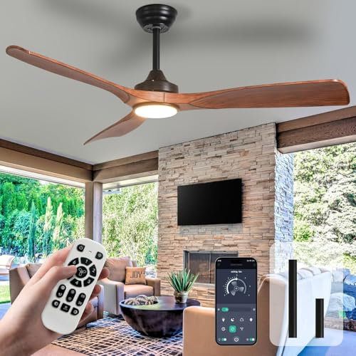 Depuley Ceiling Fan with Light Modern: 52 Inch Outdoor Fan with Remote App Control for Patio Porch - Walnut Ceiling Fan for Indoor - 3 Blade Fan Reversible Timer Quiet