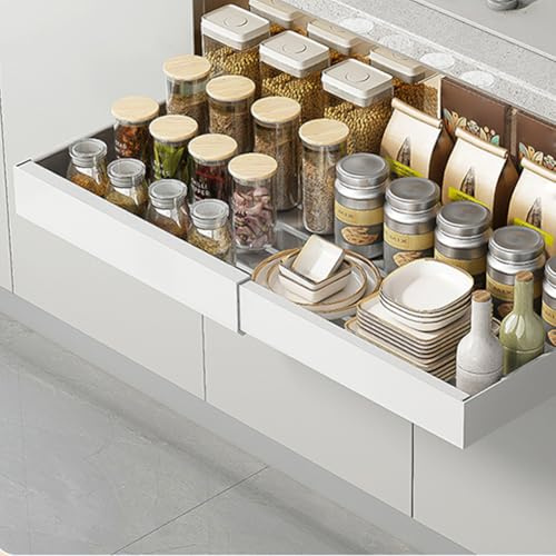 Teleskopschublade, Ausziehbare Schubladen Organizer KüChe, Kohlenstoffstahl KüChenorganizer, Pull Out Cabinet Organizer, Ausziehbarer Schrank Organizer für KüChenschräNke, 32-52cm B x 42cm T x 7.5cm H