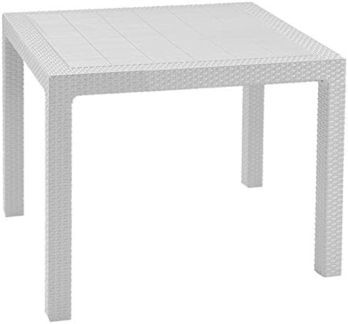 Tavolo Da Giardino Quadrato QUARTET 95x95x74.5 Cm Bianco Per 4 Persone Con Foro Per Ombrellone; Tavolo In Stile Rattan A Trama Piatta, Elegante, Resistente, Facile Da Pulire E Ideale Per Esterni