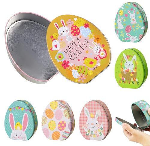 SilverChry Osterhasen-Keksdosen*6pcs, Ostern Keksdose Gebäckdose mit Deckel, Hase Ostereier Geschenkdose, Ostereier Metalldosen Set, Ostereier Keksdose Metall mit Motiv, Ostereier Blech plätzchendose